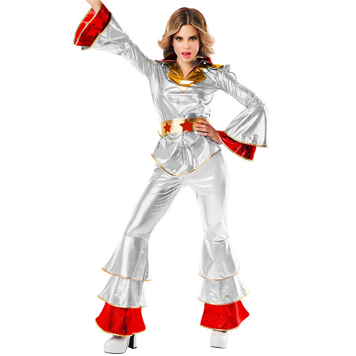 Silbernes Disco-Kostüm der 70er Jahre für Karneval