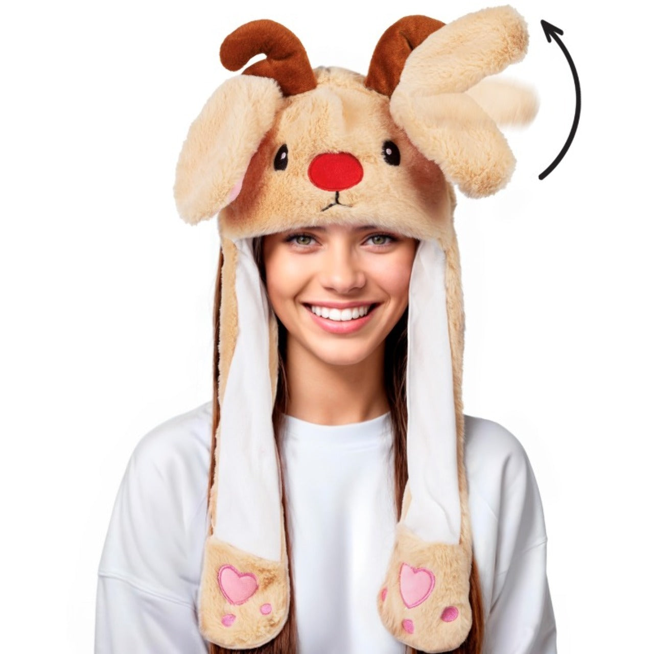 Wackelohr Mütze Rentier mit beweglichen Ohren und Licht