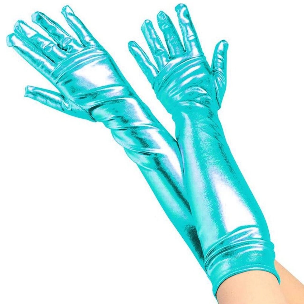 Lange metallische hellblaue Handschuhe