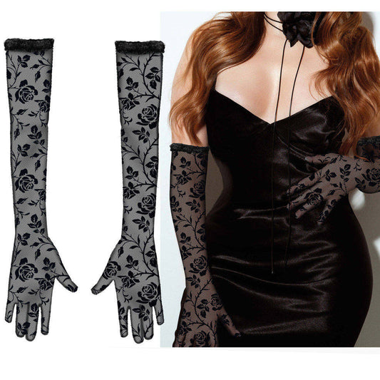 Lange Gothic-Handschuhe mit Rosenmotiv