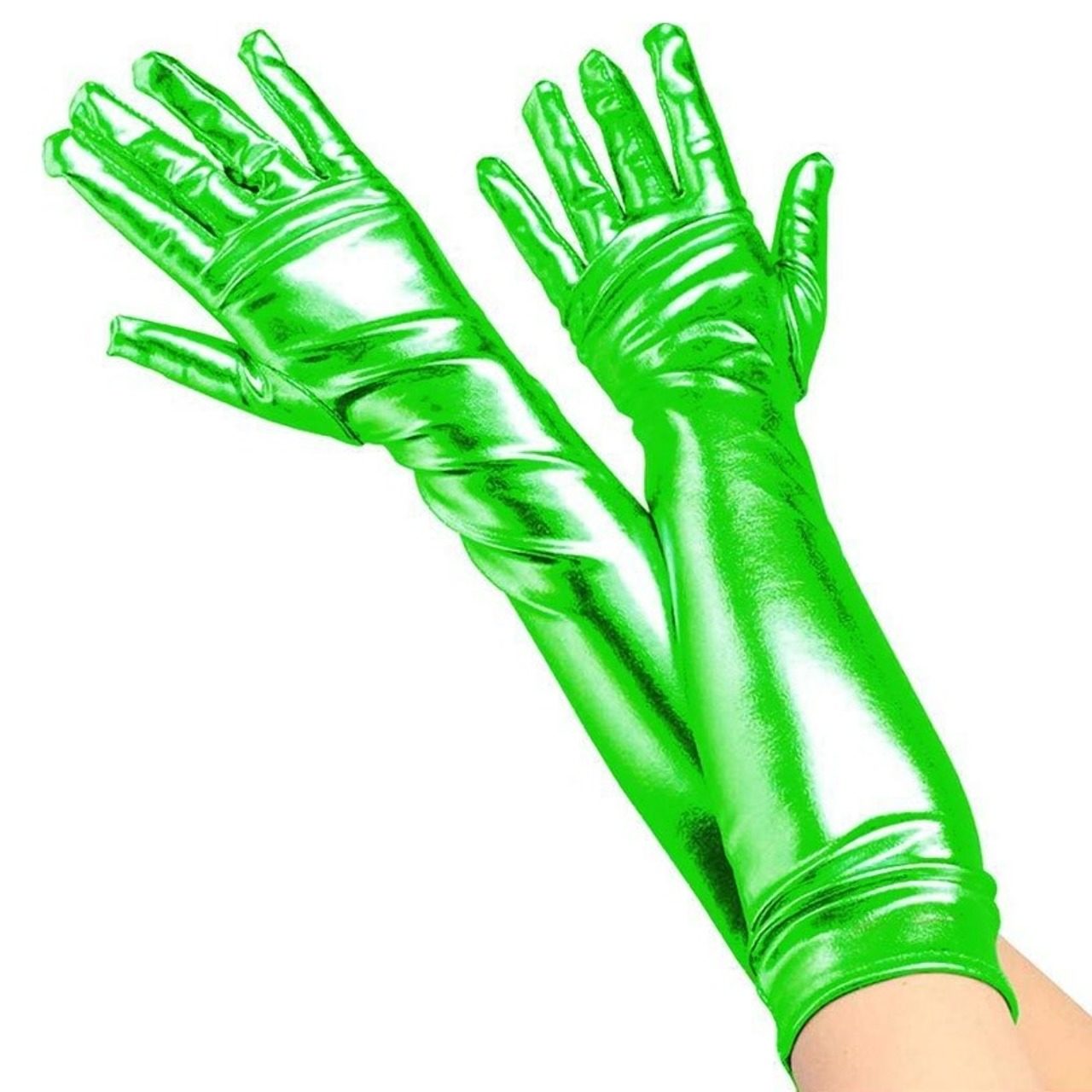 Lange grüne Metallic-Handschuhe