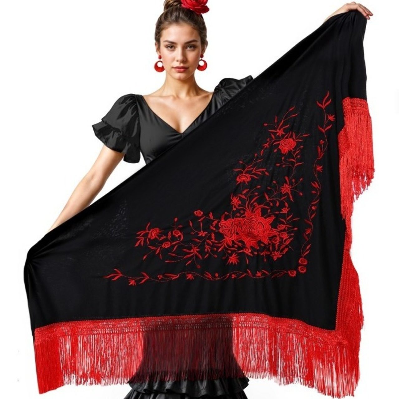 Schultertuch schwarz mit roter Stickerei