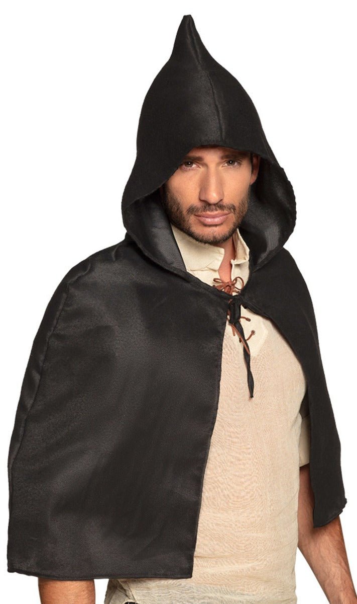 Schwarzes kurzes Cape mit Kapuze