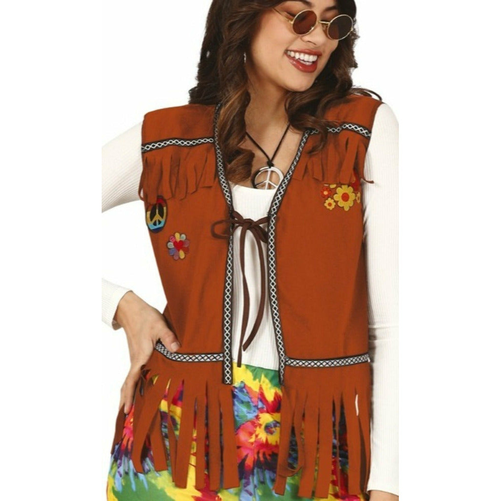 Hippie Damen-Kostüm Set - Braune ärmellose Weste Mit Fransen, Ohrringe, Stirnband & Sonnenbrille Für 70er Party Oder Karneval