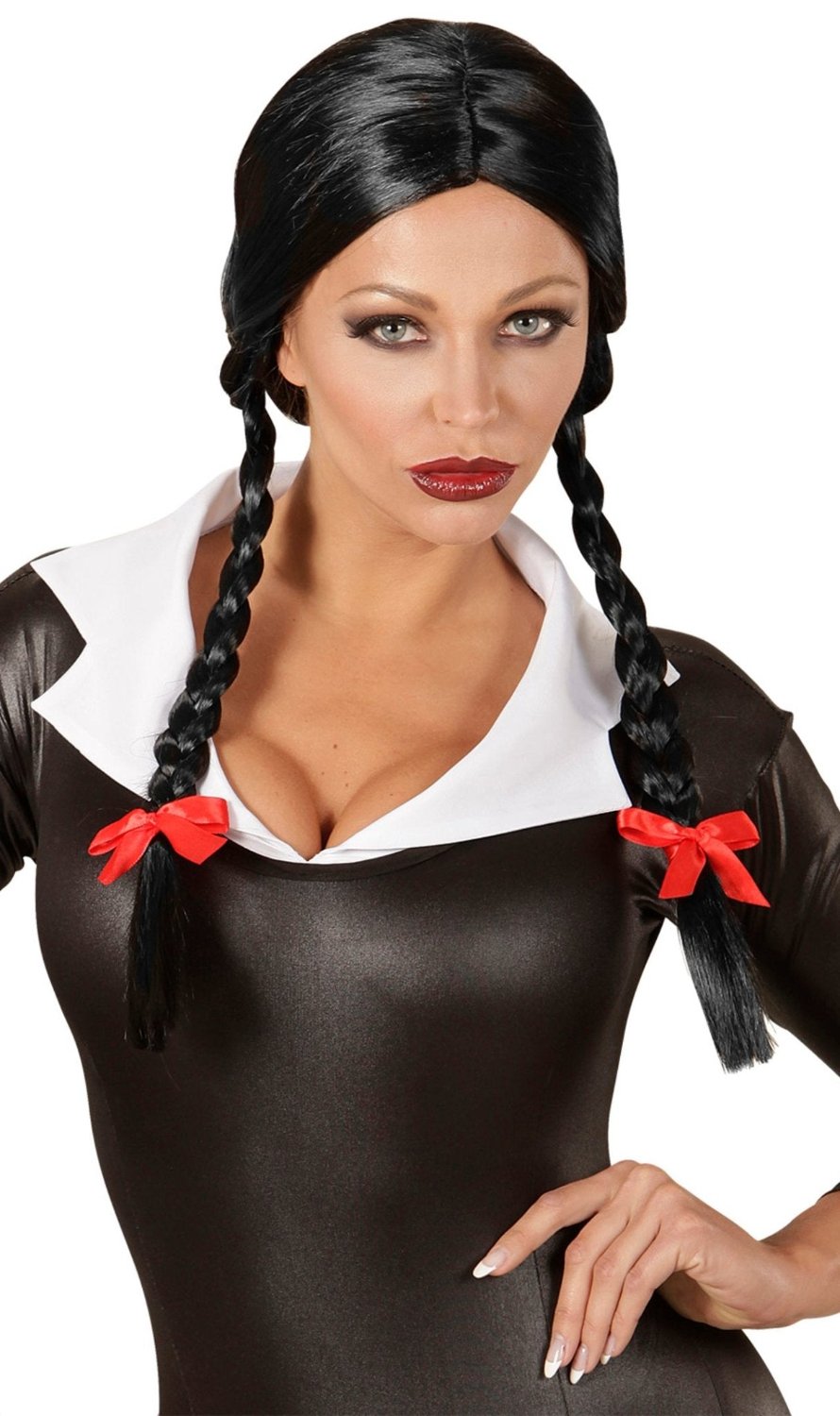 Gruseliges Gothic Mädchen Perücke Schwarz Zöpfe für Damen