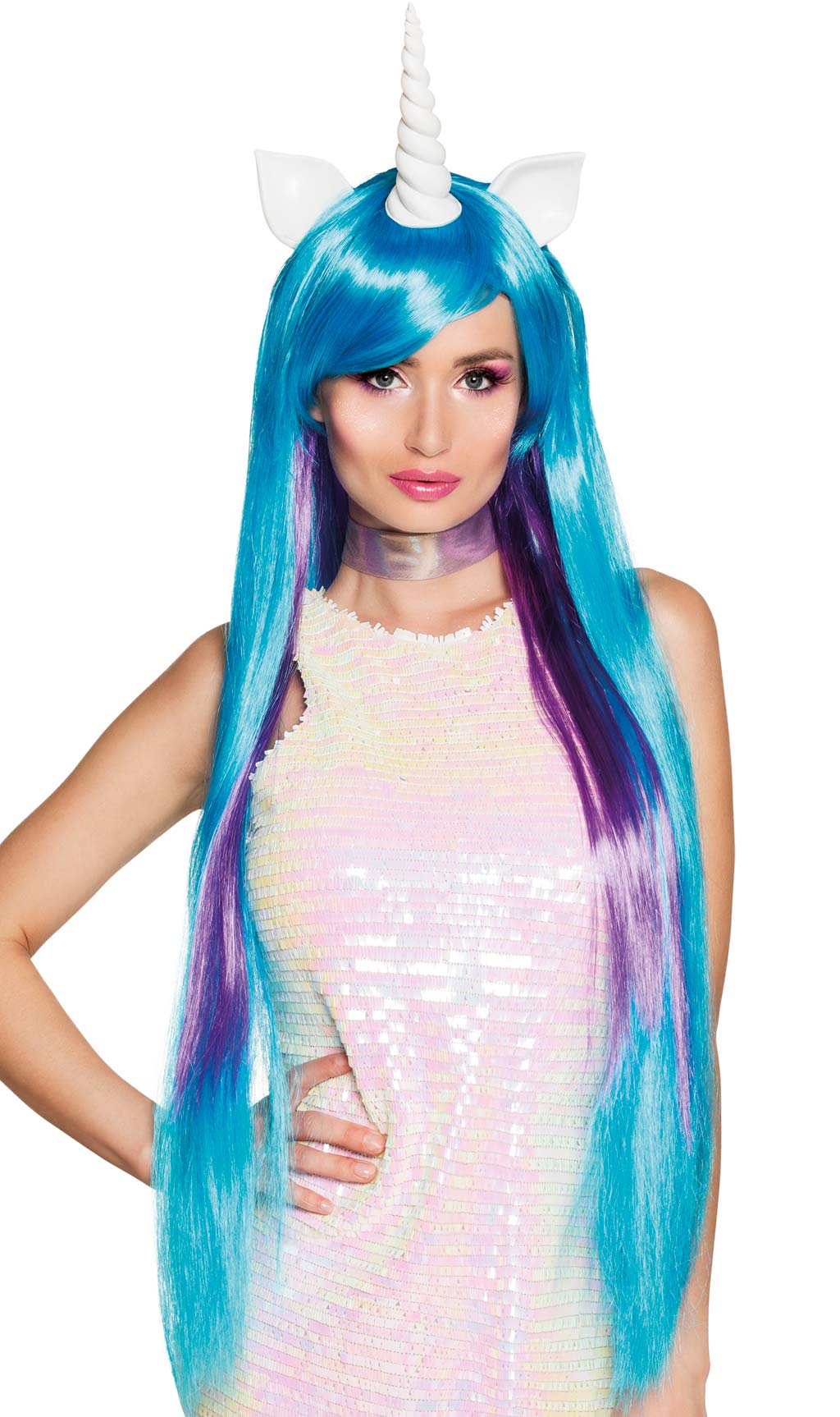 Einhorn Langhaar Perücke Blau