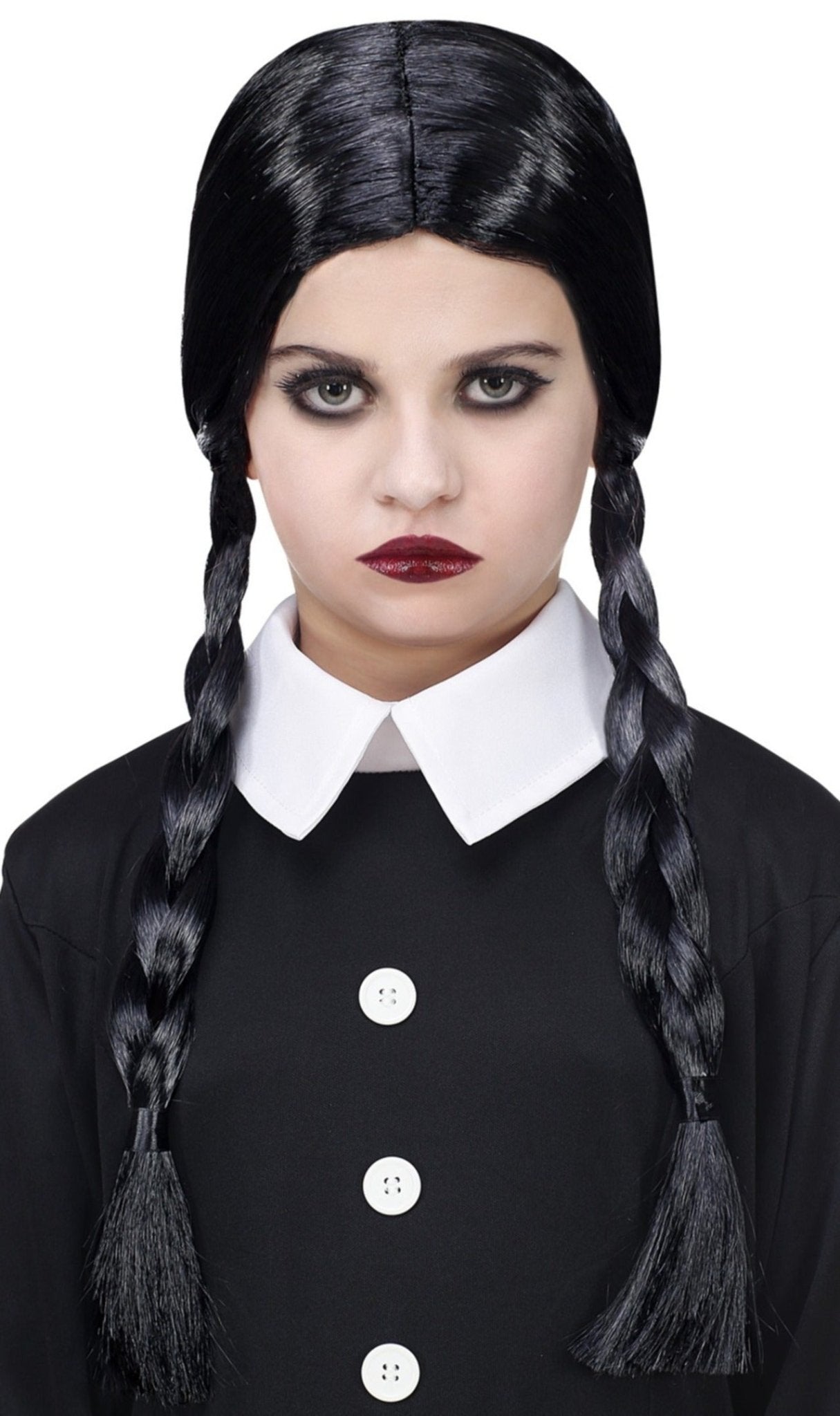 Gruseliges Gothic Mädchen Perücke mit Zöpfe schwarz für Kinder