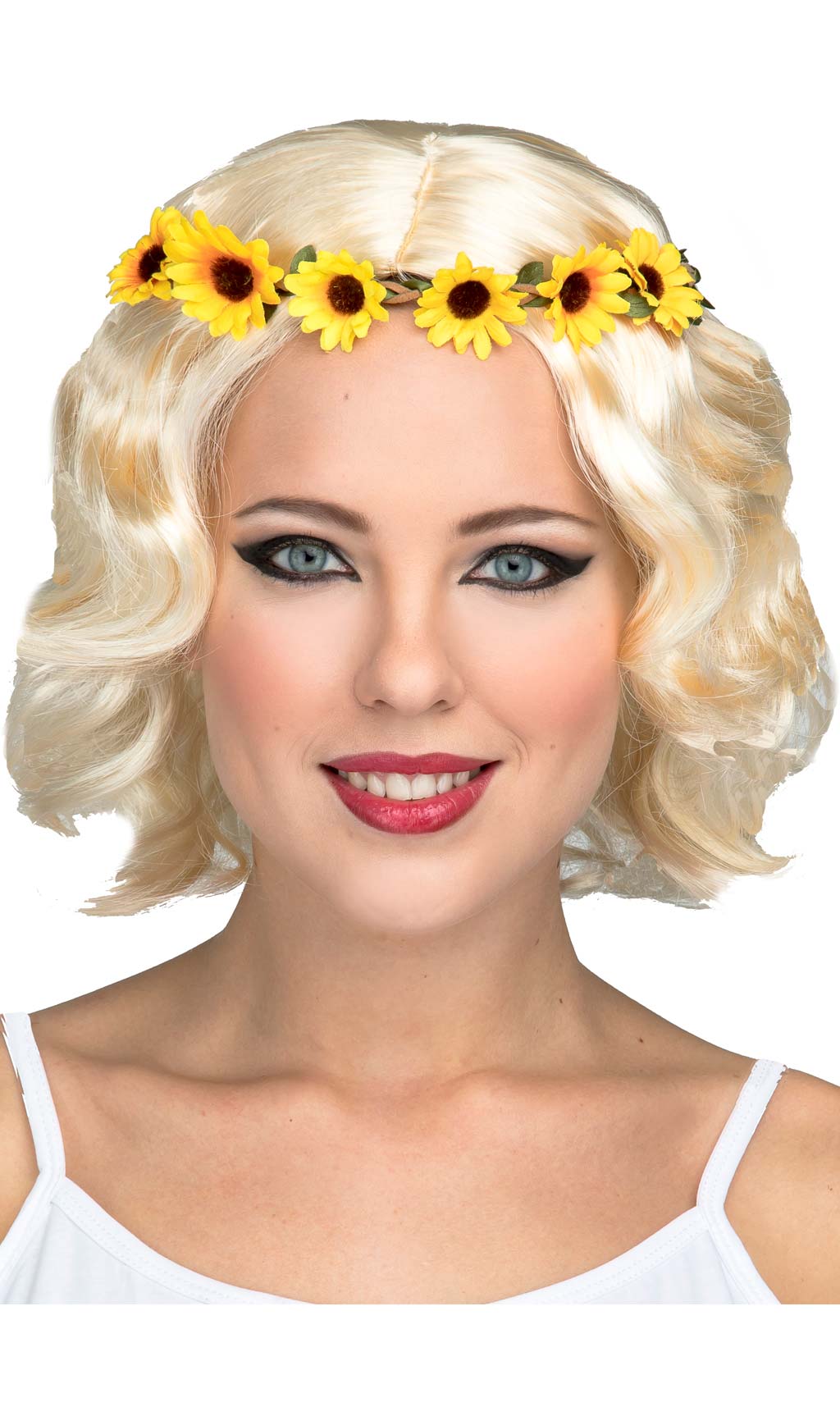 Kurze blonde Perücke mit Gänseblümchen
