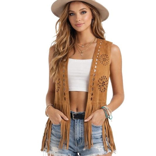Braune Fransenweste im Hippie-Stil