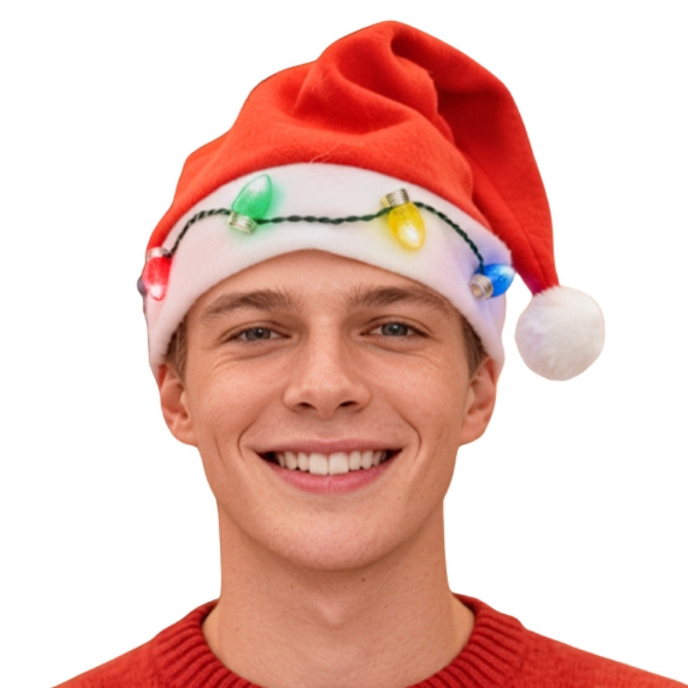 Weihnachtsmann-Mütze mit leuchtenden Glühbirnen
