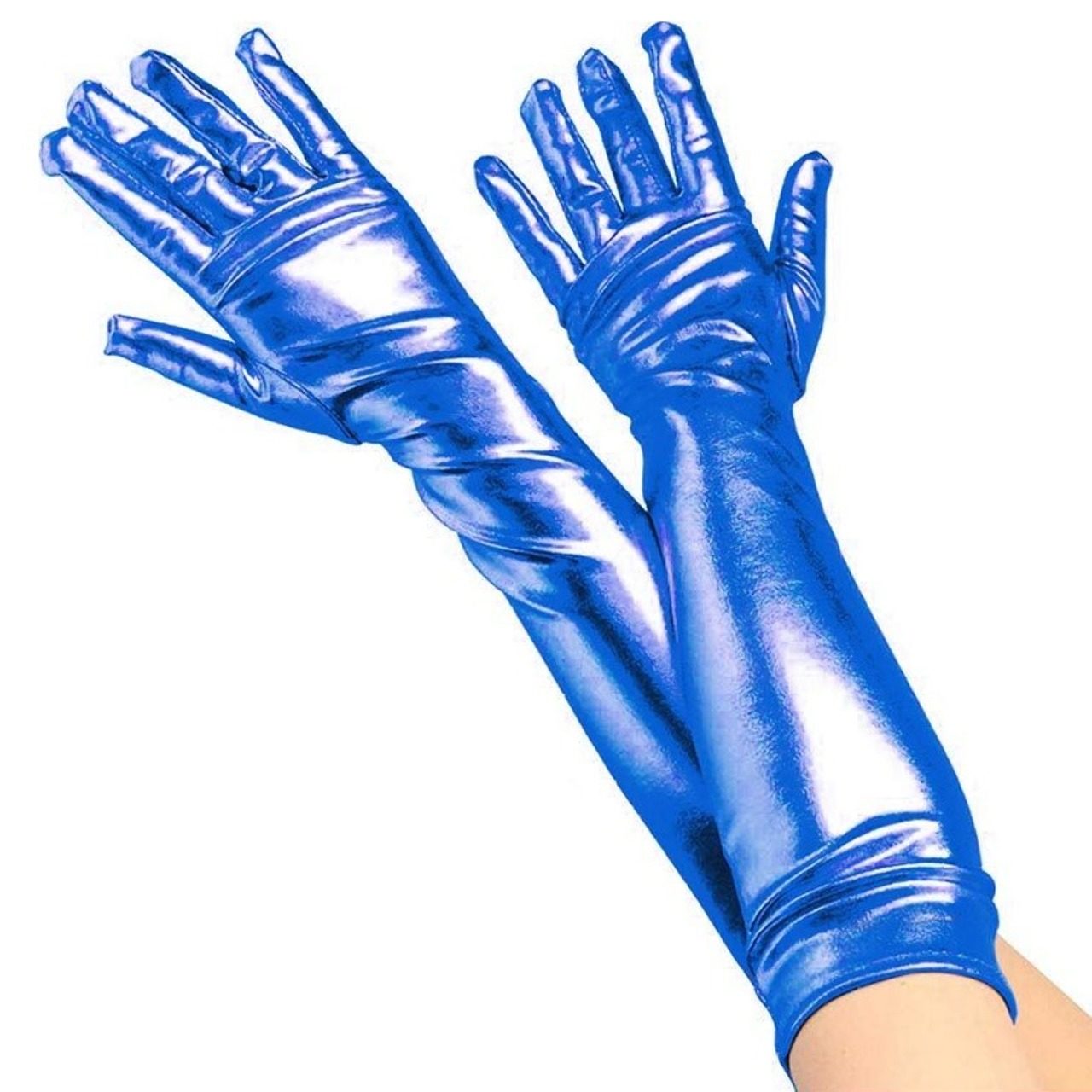 Lange blaue Metallic-Handschuhe