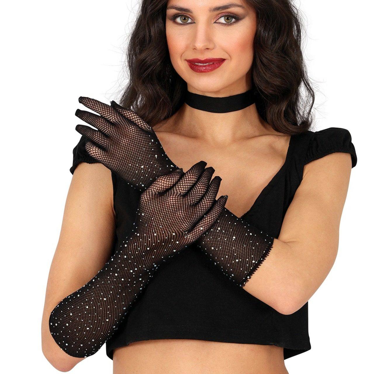 Lange Netz-Handschuhe mit Glitzerteinen