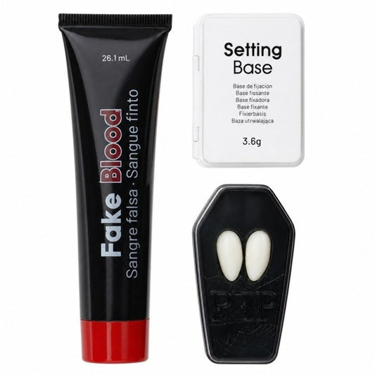Kit mit Vampirzähnen und rotem Blut