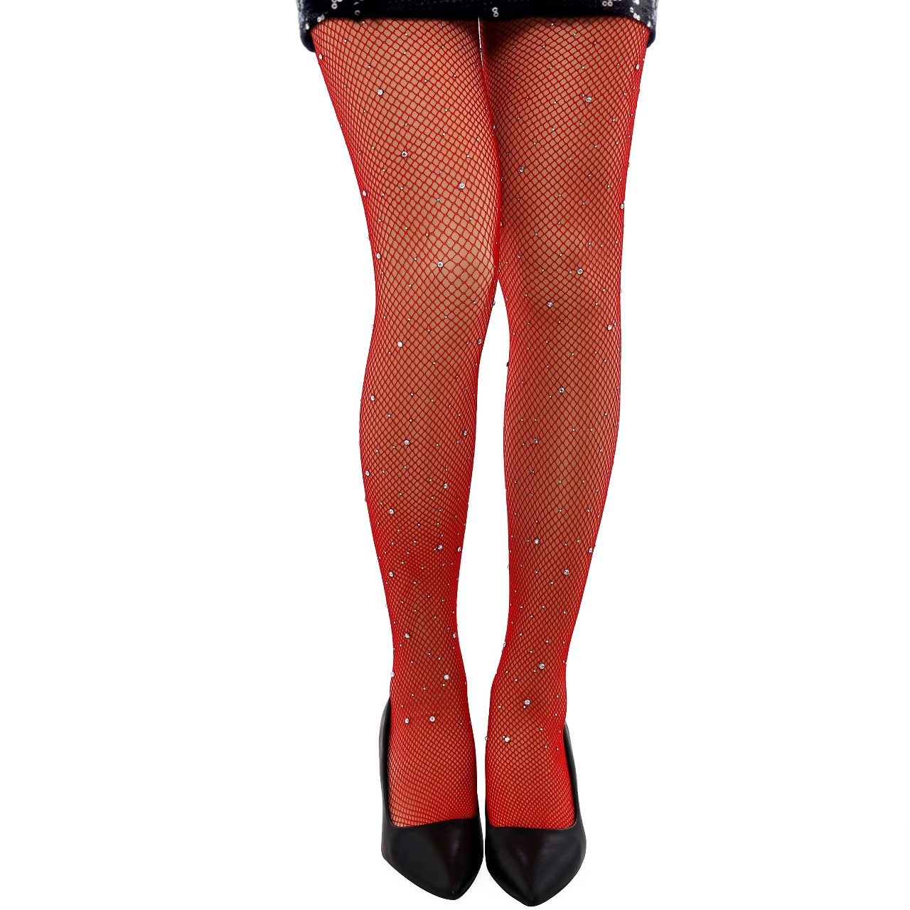 Rote Netzstrumpfhose mit Glitzer