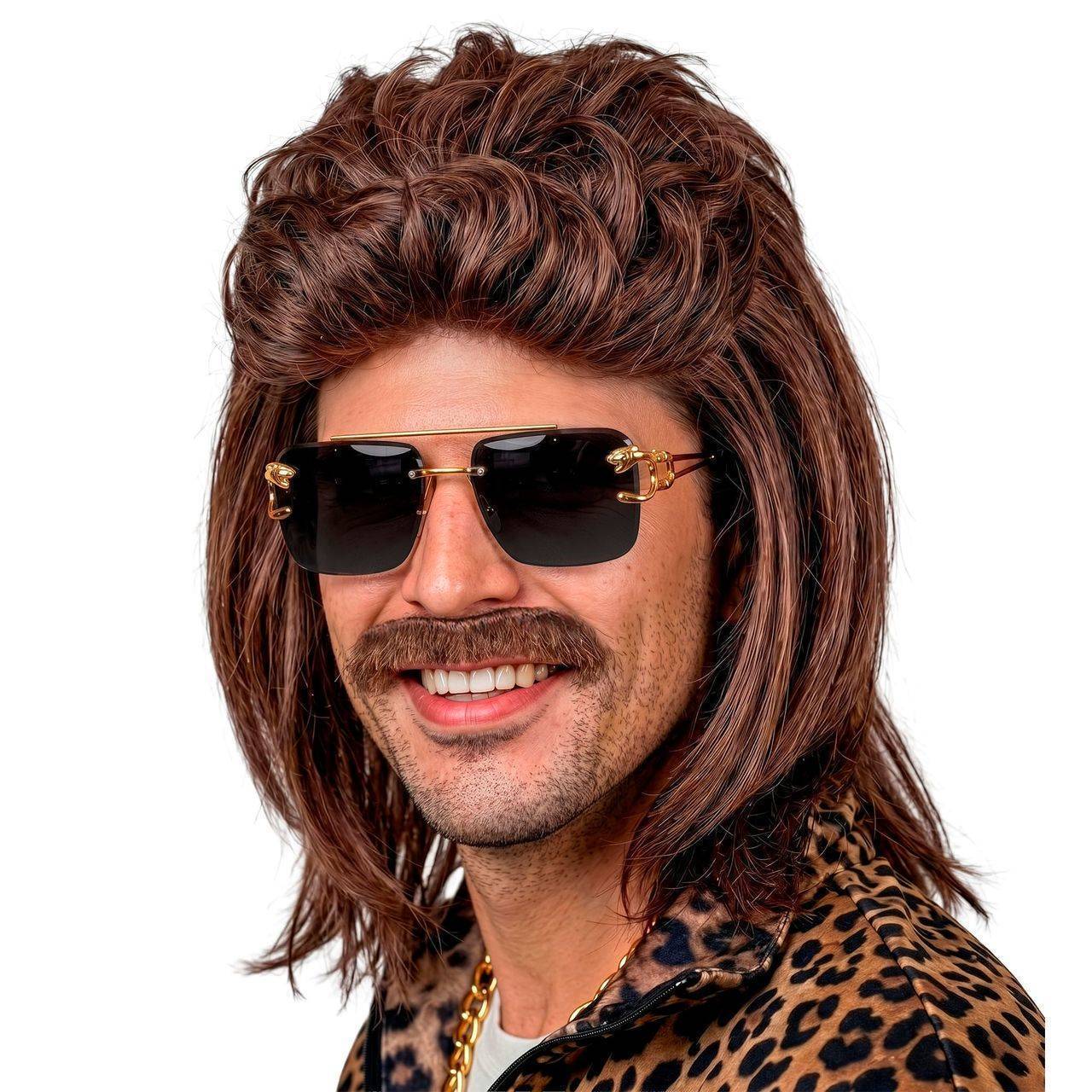 Braune Mullet-Perücke mit Schnurrbart
