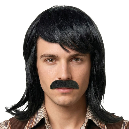 Schwarze Mullet-Perücke mit Schnurrbart