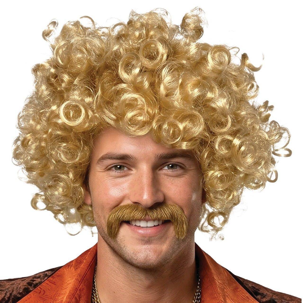 Blonde Lockenperücke mit Schnurrbart