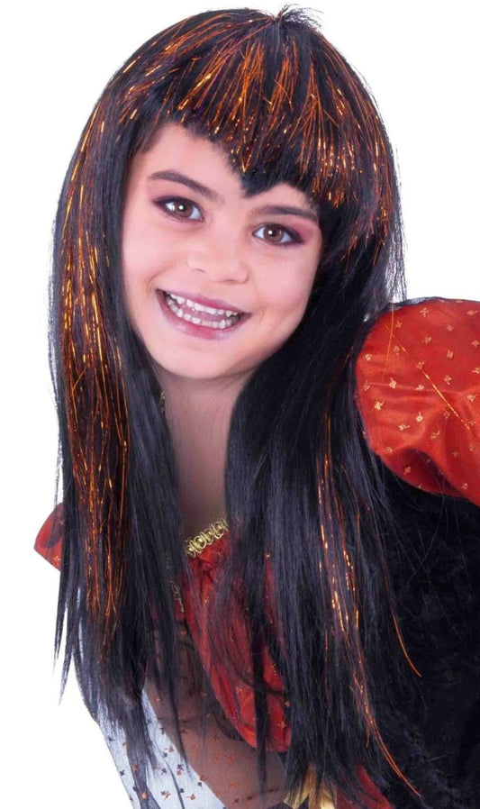 Perücke für Vampirin schwarz und orange Kinder