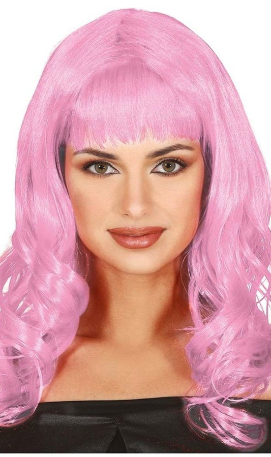 Lange Perücke mit Pony rosa