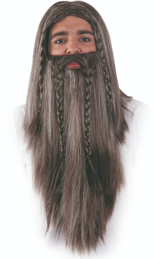 Lange Perücke und Bart mit Zöpfen