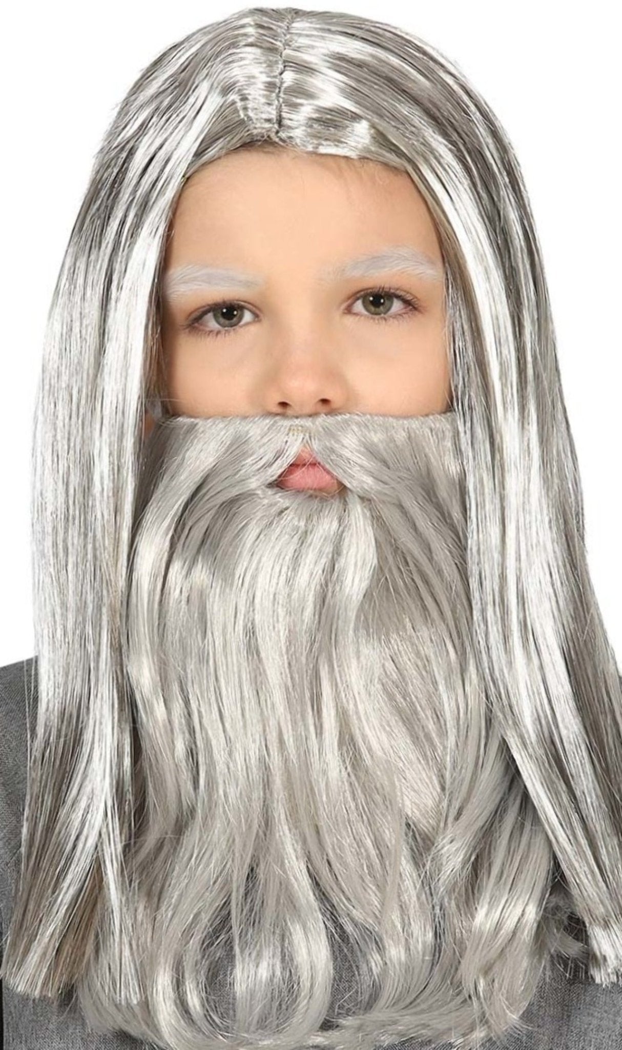 Lange graue Perücke und Bart für Kinder